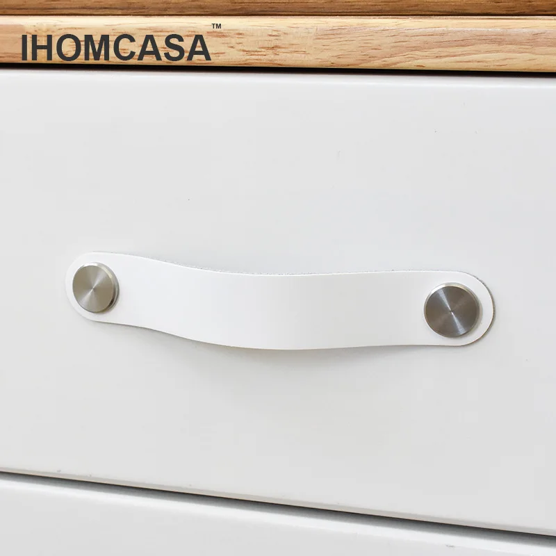 IHOMCASA-tiradores de cuero para muebles de cocina, pomo de latón para puerta de armario, armario, zapatos, acero inoxidable plateado