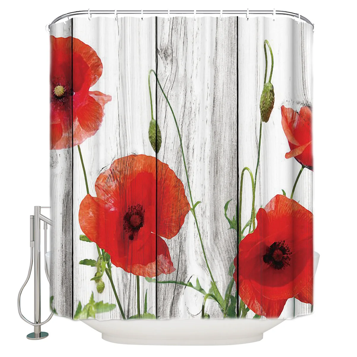 

Vintage Wood Texture Background Red Poppy Polyester Fabric Shower Curtain