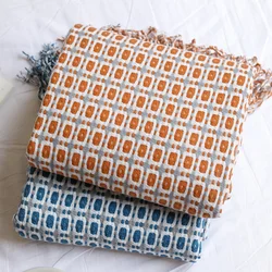 Geometric Grid Jacquard Woven Throw Blanket Boho Checkered Tassel Blanket Modern Retro Woven Sofa Throw with Fringe for Home