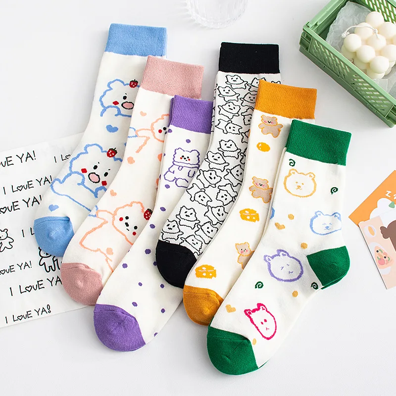 

New Cartoon Women's Breathable Cotton Socks White Cute Bear Lovely Animal Pattern Girl Sock Female Sox Harajuku Steetwear Soks