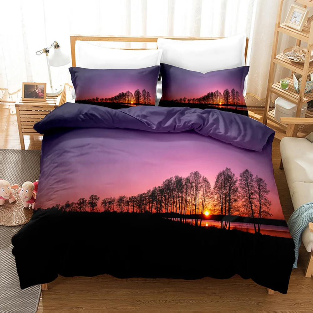 Purple Sunset Bedding Set Tropical Beach Holiday Duvet Cover Set Girl Bed Cover Set Sunrise Quilt Cover Pillowcase Single Double