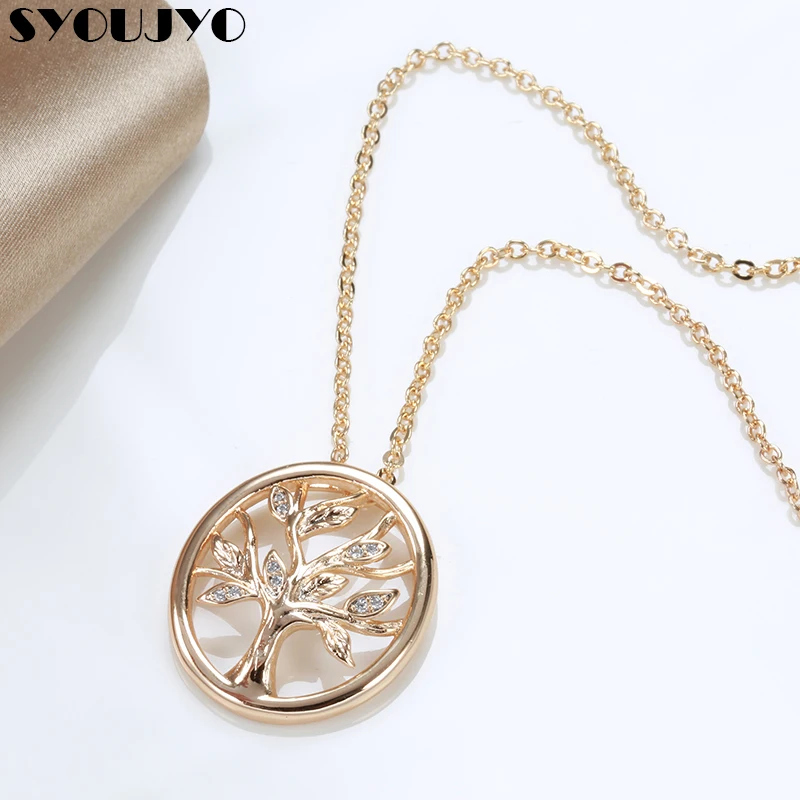 SYOUJYO 585 Rose Gold Color Tree of Life Necklace Shining Leaf Natural Zircon Pendant Necklaces Elegant Women Girl Jewelry Gifts