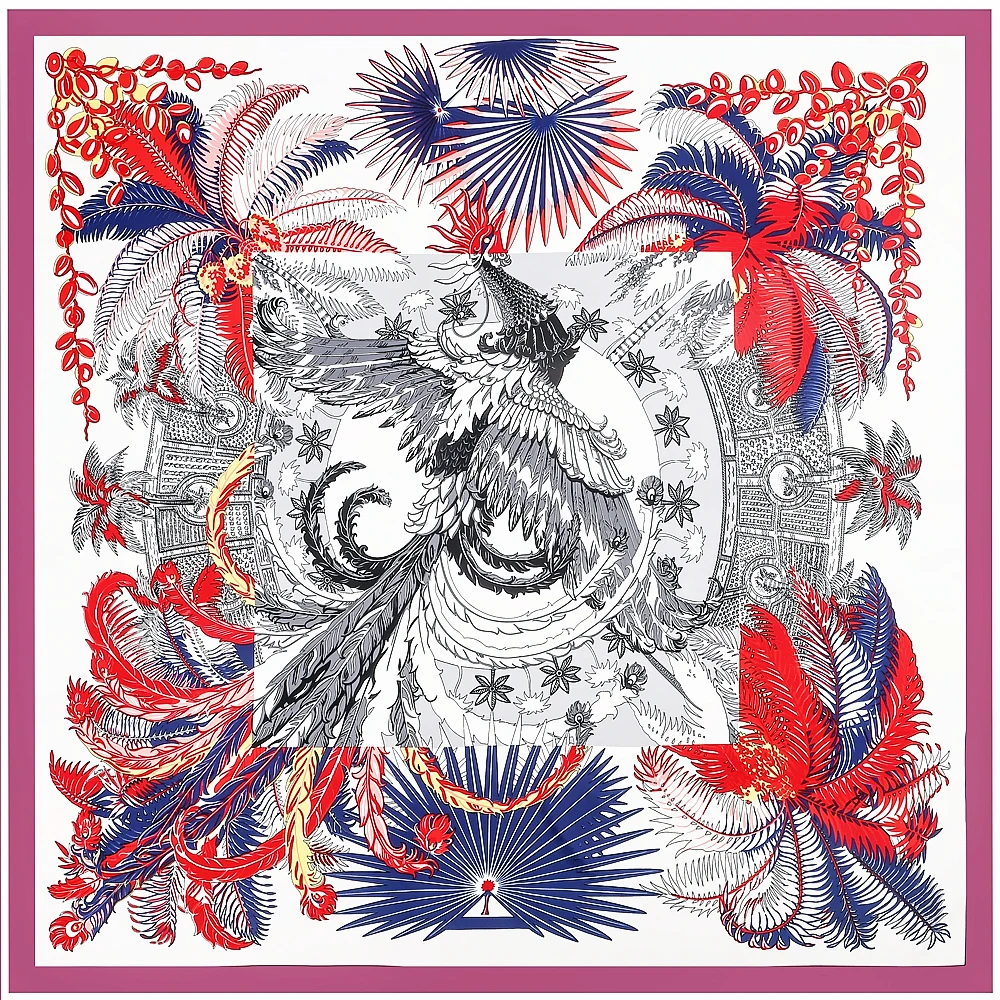 Hangzhou, China 130cm Spring Fashion New Phoenix Figure women\'s Twill Silk Scarf Beach Sunscreen Shawl Large Square Scarf Scarf