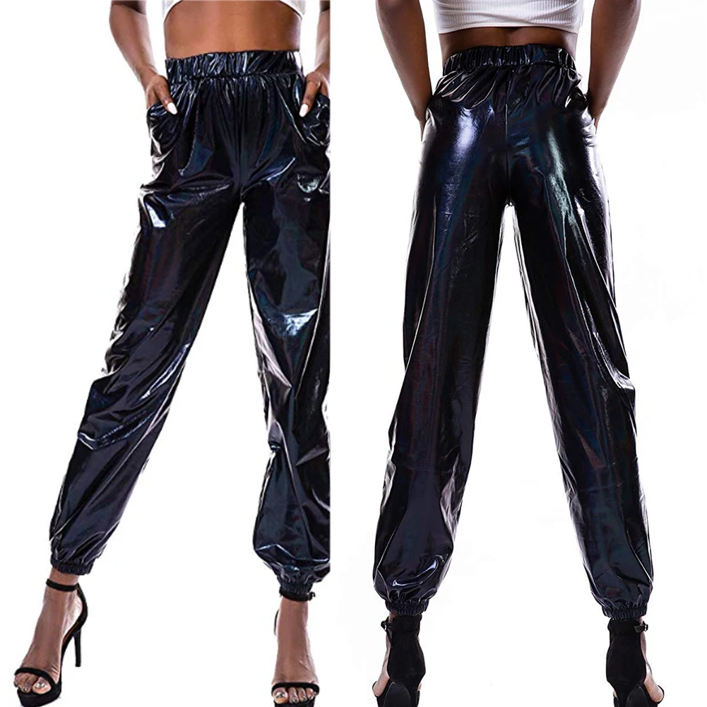 Women\'s Pant High Waist Metallic Shiny Jogger Casual Holographic Color Streetwear Trousers Women Fashion Smooth Reflective Pants