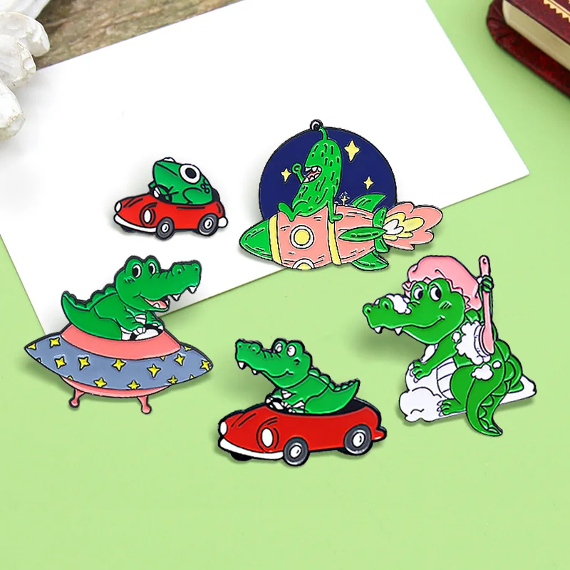 Frog Driver Crocodile Astronaut Brooches Custom Alien Rocket Flying saucer UFO Enamel pins Badges Gifts for Friends Wholesale