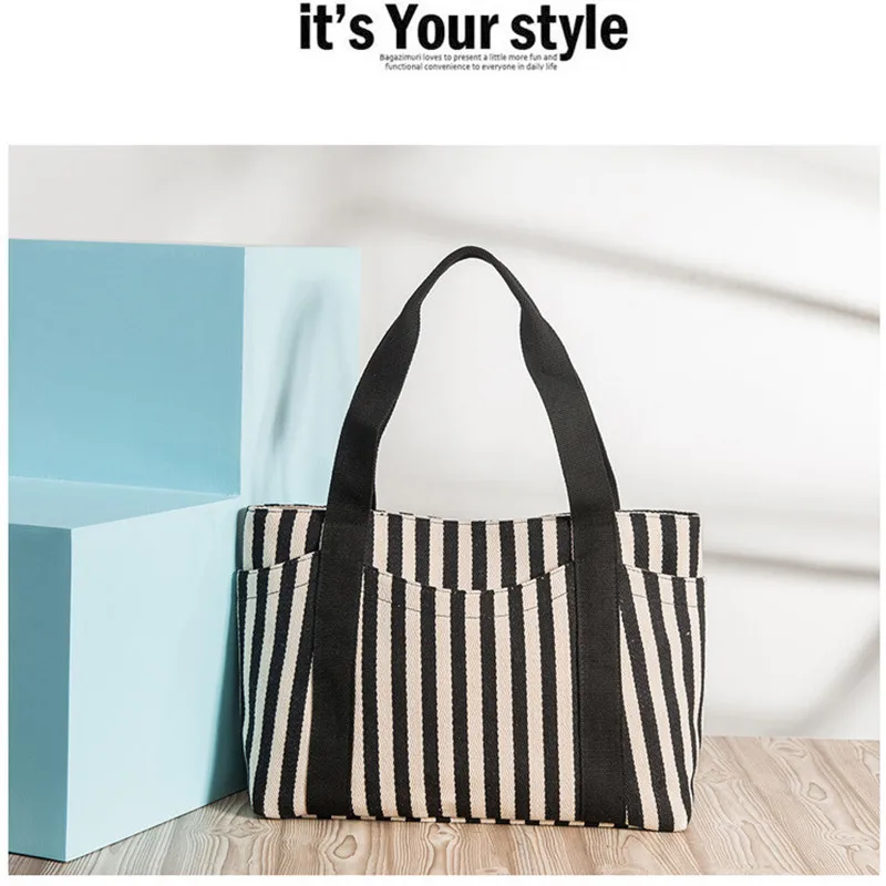 Summer Ladeis Striped Canvas Tote Handbag Retro Hit Color Shopping Hot Sale Beach Simple Shoulder Crossbody Casual  Bag