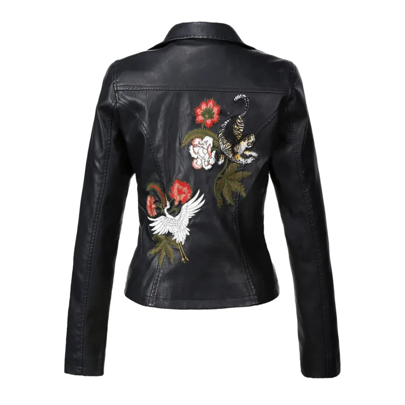 Autumn Flowers Embroidery Pu Leather Jacket Women Turn-down Collar Rivet Zipper Black Biker Coats Tops Clothes Ropa De Mujer