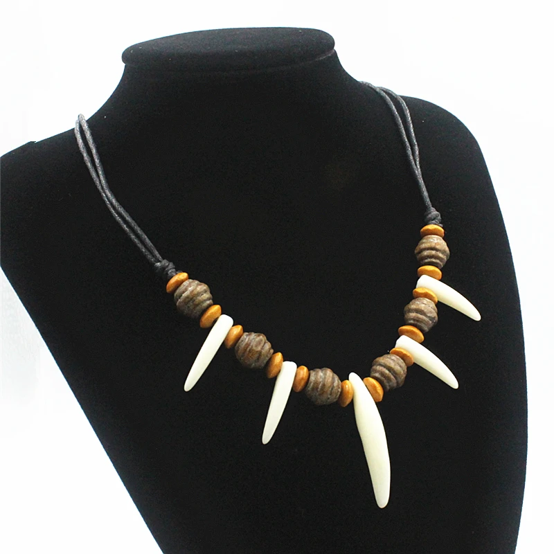 Collar de cuentas de dientes acrílicos, cuerda de cera trenzada de imitación, colmillos de Lobo, collar de longitud ajustable para surfista, amuleto