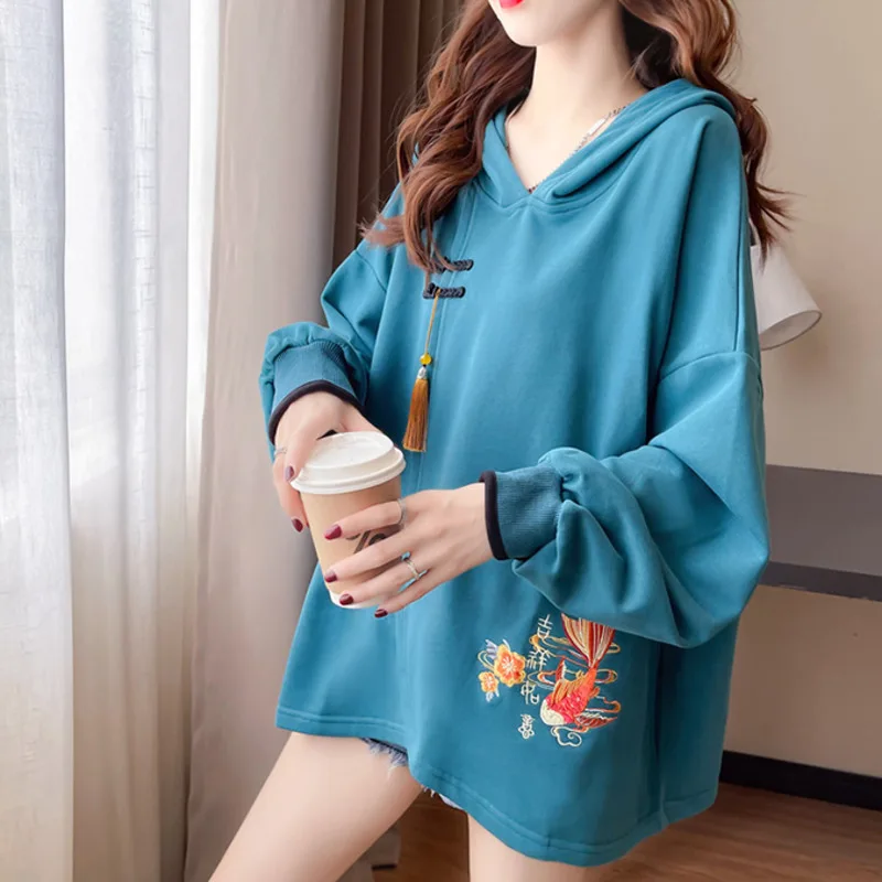 Chinese Style Lucky Carp Embroidery Loose Hoodies Women Drop Shoulder Buckle Tassel Hooded Sweatshirt Female Vintage Clothes