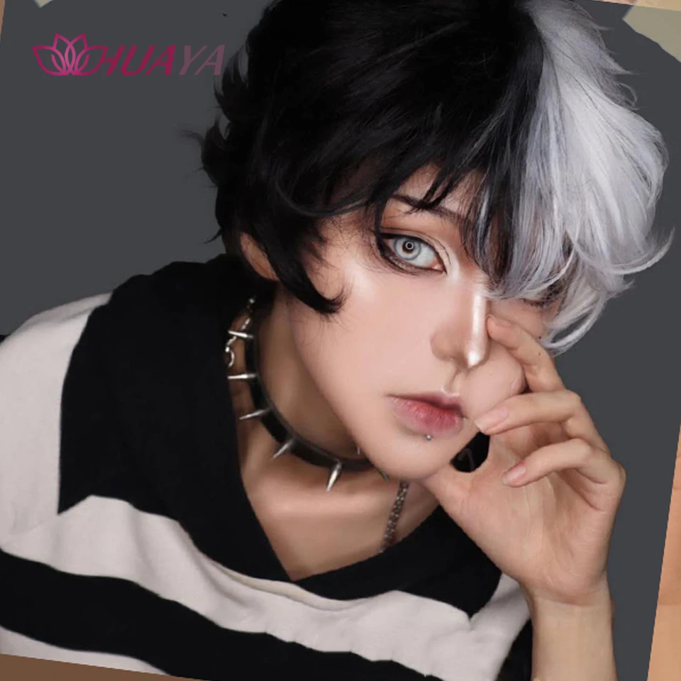 HUAYA Men Short Wig Black White Splits Synthetic Wig with bangs For Boy Costume Anime Cosplay Wig slight Curly Natural Hair