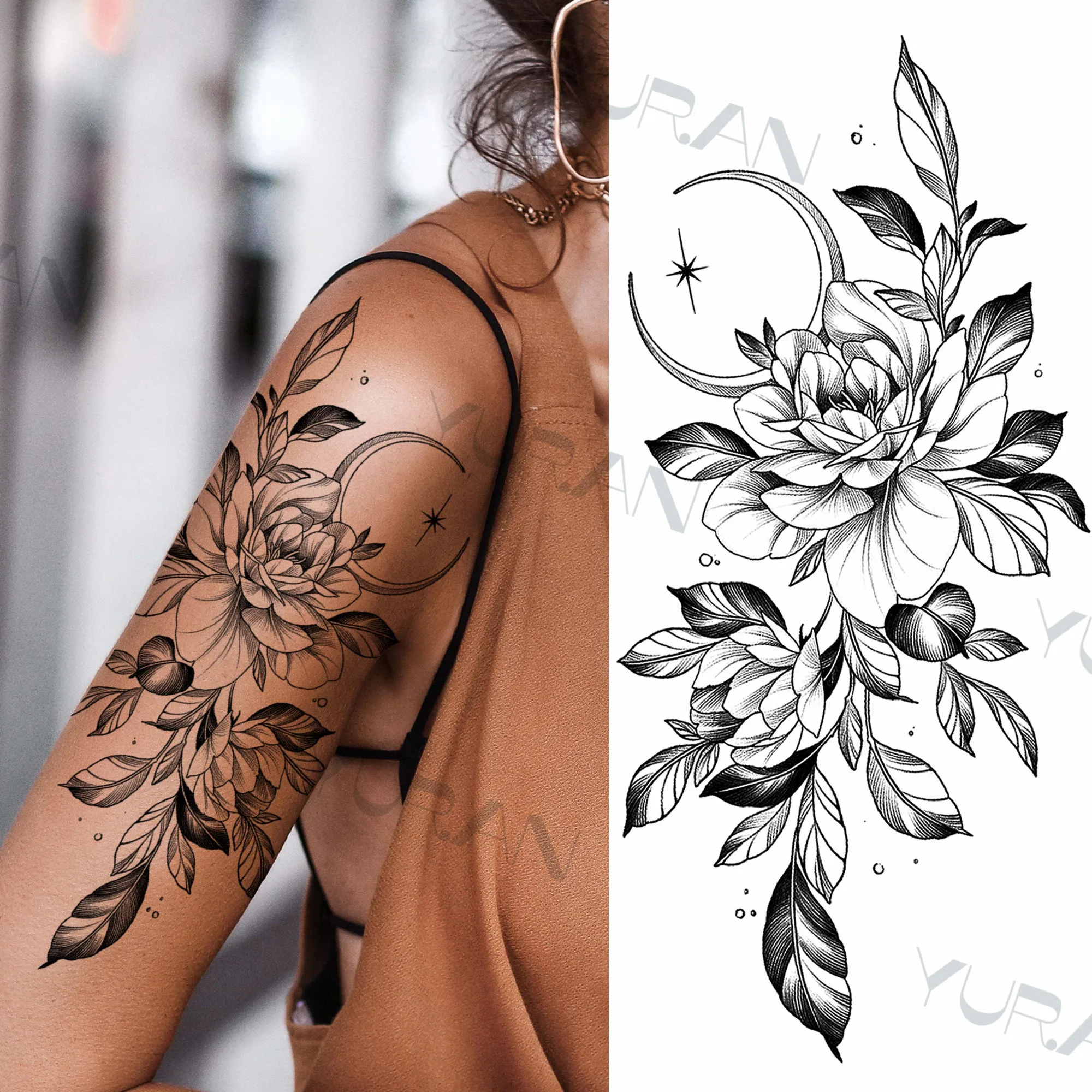 Black Large Snake Flower Fake Tattoo Sticker For Women Dot Rose Peony Temporary Tattoos DIY Water Transfer Tatoos Girls