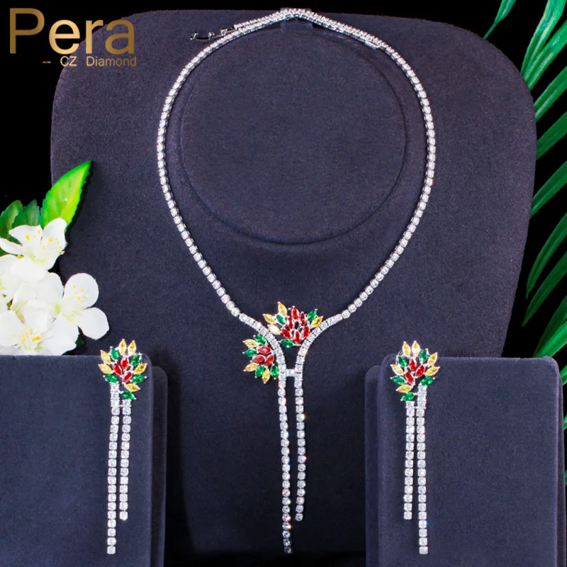 Pera Elegant Colorful Flower Cubic Zirconia Long Round CZ Tassel Drop Wedding Evening Party Necklace Jewelry Set for Brides J376