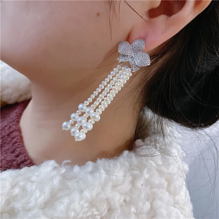 1 pairs 2.5'' 4-5MM White Pearl CZ Earrings