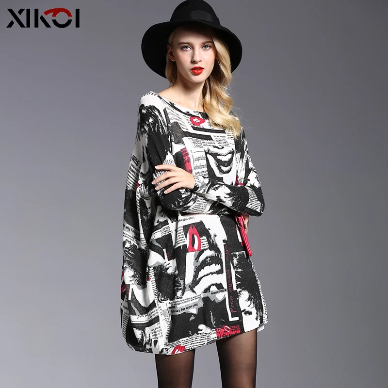 XIKOI Women Oversized Sweater Dress Autumn Pullovers Batwing Sleeve Patchwork Print Slash Neck Pull Femme Knitted Sweaters