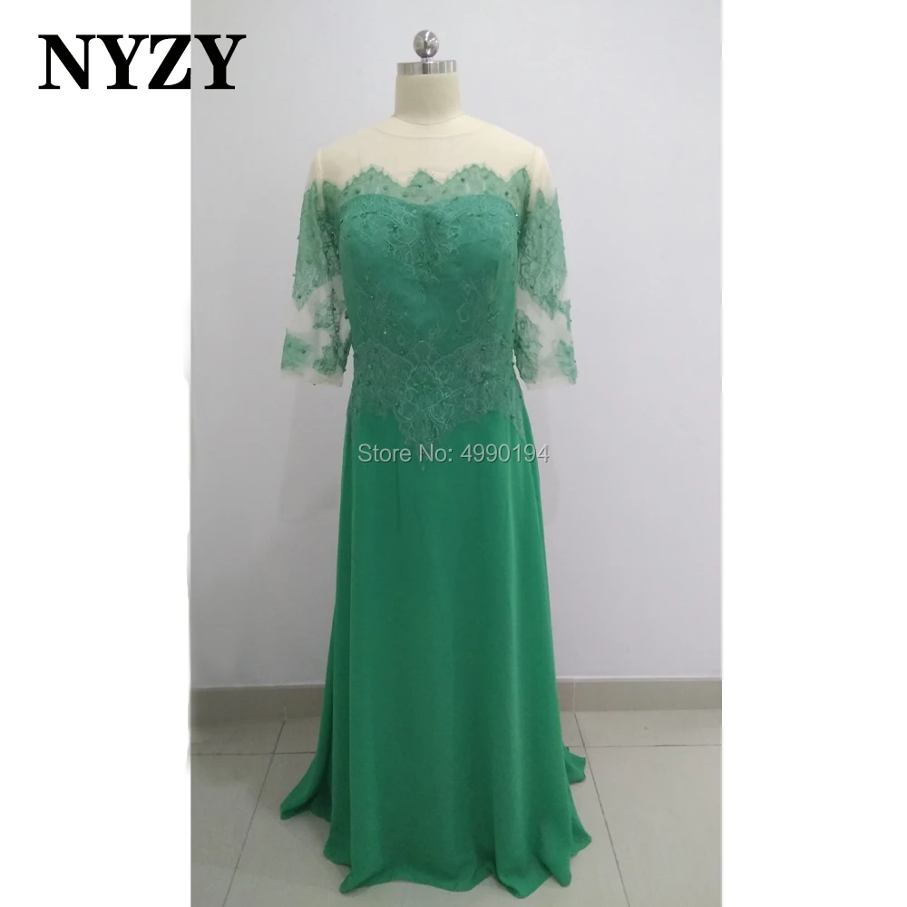 NYZY M306 Elegant Chiffon 3/4 Sleeves Beaded Lace Applique Green Mother of the Bride Dresses Long Formal Evening Gown