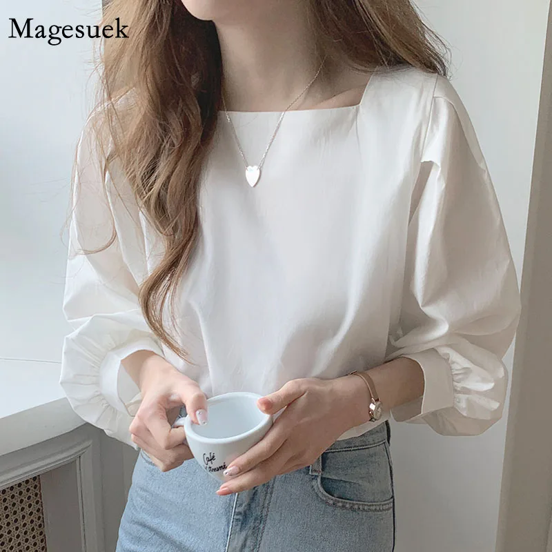 2021 Korean Quadrat Kragen Frauen Blusen Langarm Vintage Lose Shirts Für Frauen Weiß Kleidung Weibliche Mode Neue Tops 13958