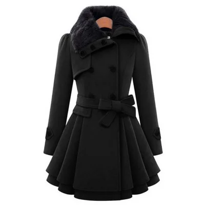 Women\'s Winter Slim Long Wool Sherpa Coat Double Breasted Padded Korean Cashmere Coat England Style Trench