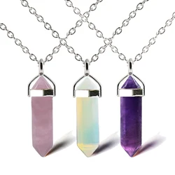 Fashion Quartz Crystal Necklace Chakra Rose Bule Purple Natural Stone Pendant Necklace Hexagonal Bullet Reiki Hippie Necklace