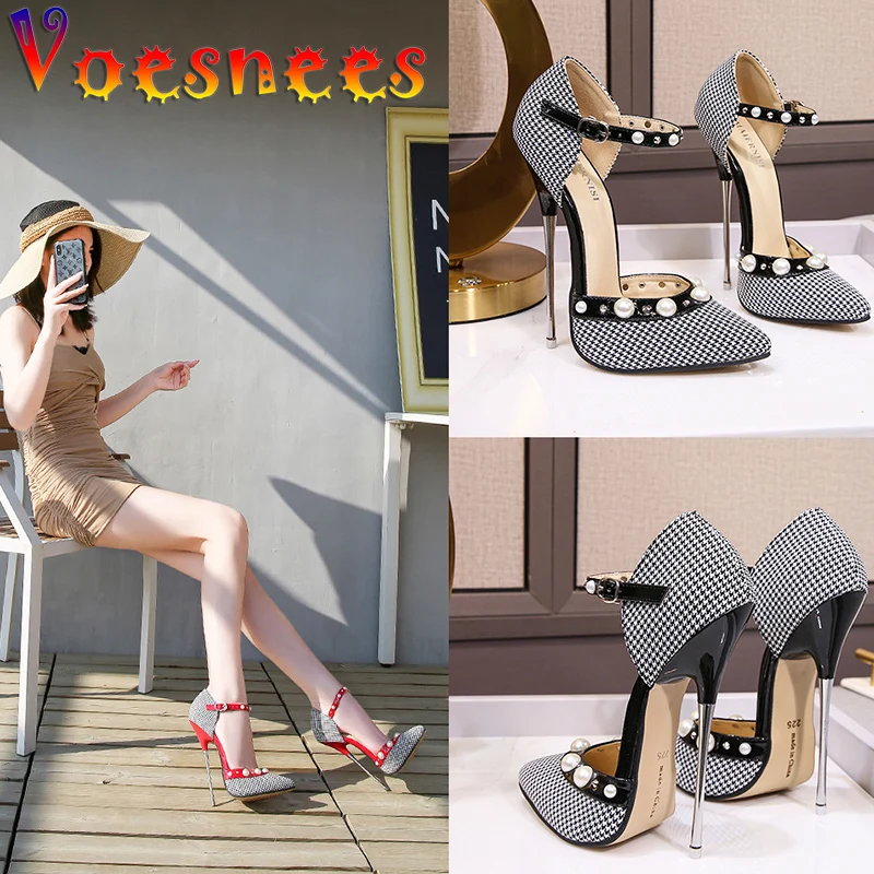 Houndstooth Pearl Women's Pumps Thin Super High Heels Pointed Mixed Colors Comfortable Shoes Wild Buckle Strap Party Women Shoes