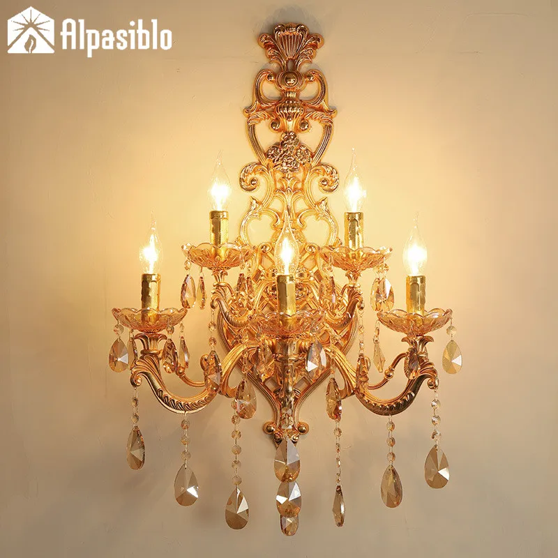 Modern Large Crystal Wall lamps 5 Light Antique Gold Color vintage Sconce Wall light Crystal Wall Bracket Bra bedroom Lighting