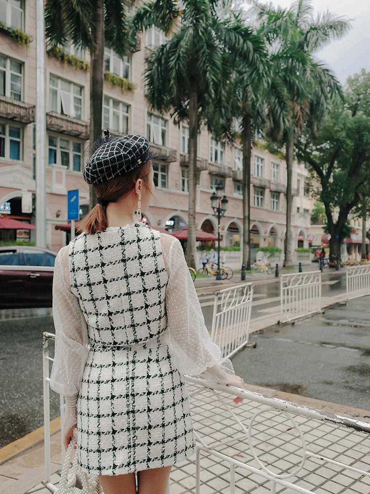 Ensemble gilet sans manches et chemisiers simples, 3 pièces, nouvelle mode Tweed plaid, jupe de travail, style tendance, CC335