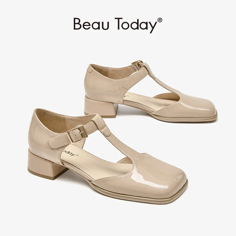 BeauToday Lolita Shoes Women Patent Leather Square Toe T-Strap Vintage Pumps Metal Buckle Ladies Mid Heel Shoes Handmade 31204