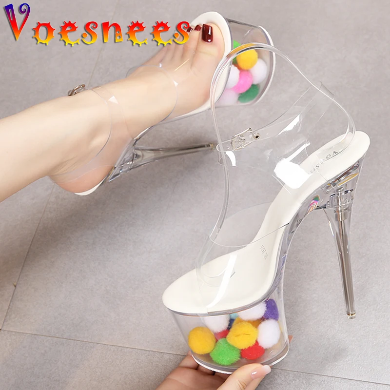 17CM Super High Heels New Color Hairball Glow Women Shoes Summer Transparent Sandals Sexy Platform Thick Heels Female Sandals