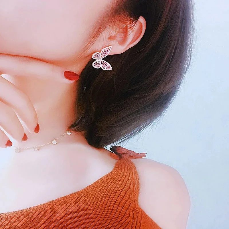 2023 New Butterfly Zircon Earrings Women\'s Korean Luxury Jewelry Literary Style Earrings Net Red Temperament Simple New Earrings