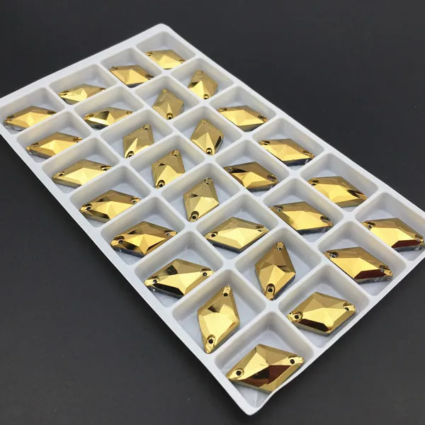 Gold Hematite Color 20pcs 11x19mm Rhombus Sew On Rhinestone Glass Crystal Flatback 2 Holes For Sewing Strass Dress Clothing