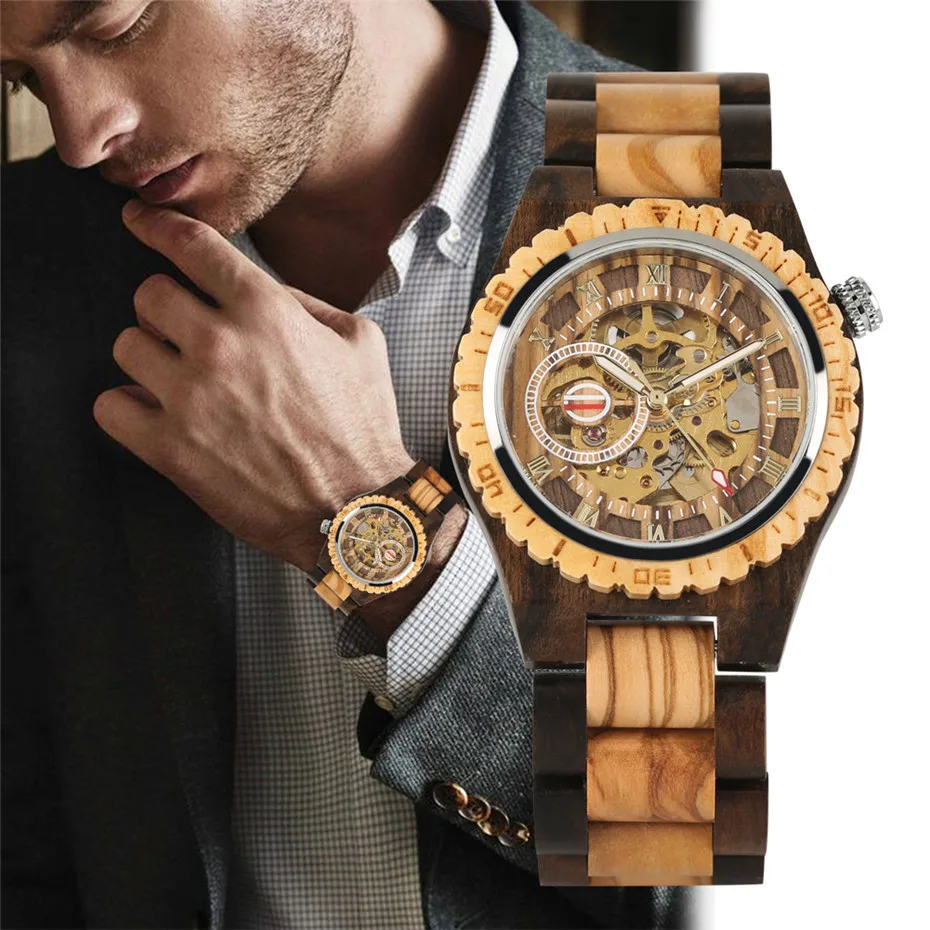 Luxury Men\'s Watch Automatic Mechanical Wooden Watch Roman Numerals Display Wood Bangle Wristwatch Creative Male Timepiece reloj