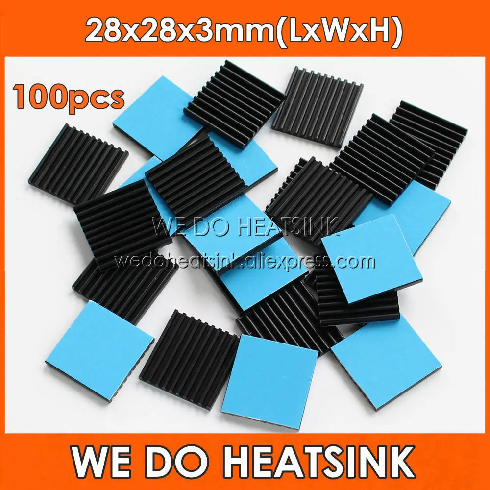 WE DO HEATSINK 100pcs 28x28x3mm Black Anodized Aluminum CPU IC Heatsink Cooler With Thermal Adhesive Transfer Tape