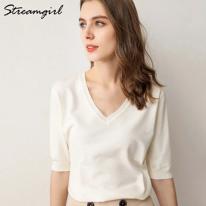 Women\'s Summer Blouse 2022 Tops Women Knitted Blouses Short Sleeve Ladies Tops V Neck Women White Blouse Summer Knitted Top