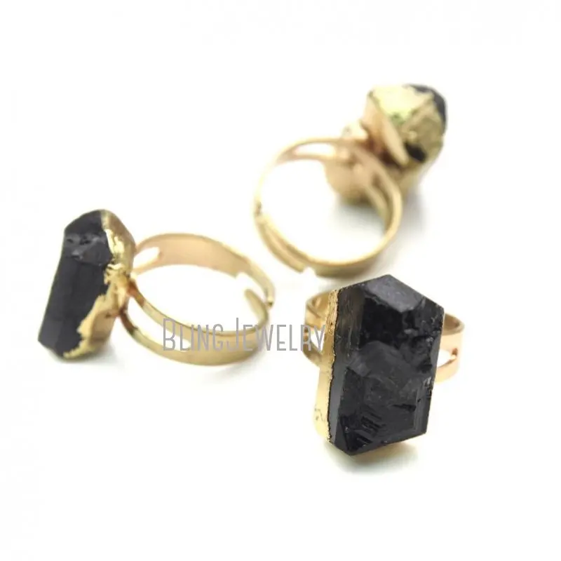 RM16590 Gold Silver Plated Band Ring Adjustable Raw Stone  Black Tourmaline Jewelry  Tormaline  Emf Protection 