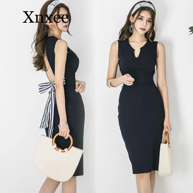 

Summer Knitted Dress Women Backless Black Sleeveless V Neck Bow Backless Ladies Fashion Midi Sexy One Piece Dresses Office