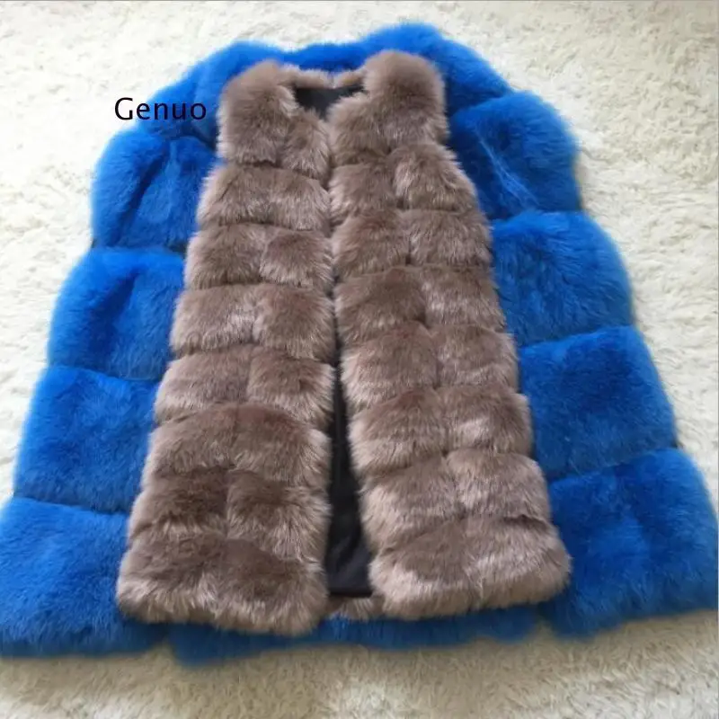 90Cm Luxury Women Faux Fur Jackets Sleeveless Slim Long Faux Fur Vest Gilet Furry Warm Winter Overcoat Women