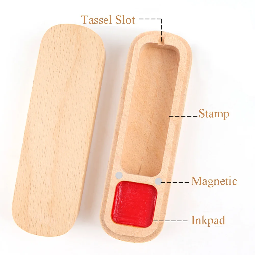 Natural Solid Wood Box for Name Stamps Storage Box Jade Stone Wooden Metal Seals Organizer with Inkpad Mini Portable Chop Holder