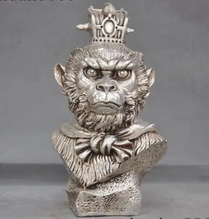 

8 '' tibetan bronze silver carved Sun Wukong monkey king head bust statue height 21cm