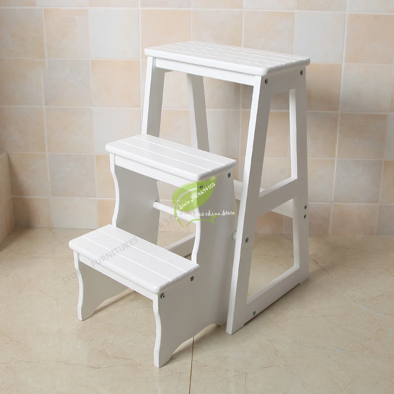 Durable Household Multi Function Step Ladder Stool Foldable Solid Wood Three   Indoor Climbing Wooden