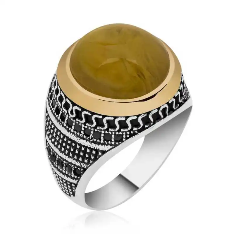 Sterling Silver Amber Stone Men's Ring - 925 Sterling Men's Jewelry Wedding Birthday Gift - Box - Men - Fashion - Botiva - Size - Turkish - Patterned Embroidery