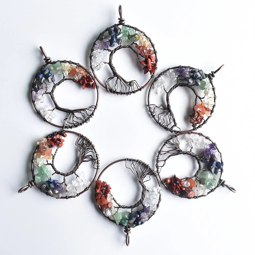 7 Chakra Natural Stone Wrap Wisdom Tree of Life Antique Copper Plated Round Pendants for necklace making Wholesale 6pcs/lot free