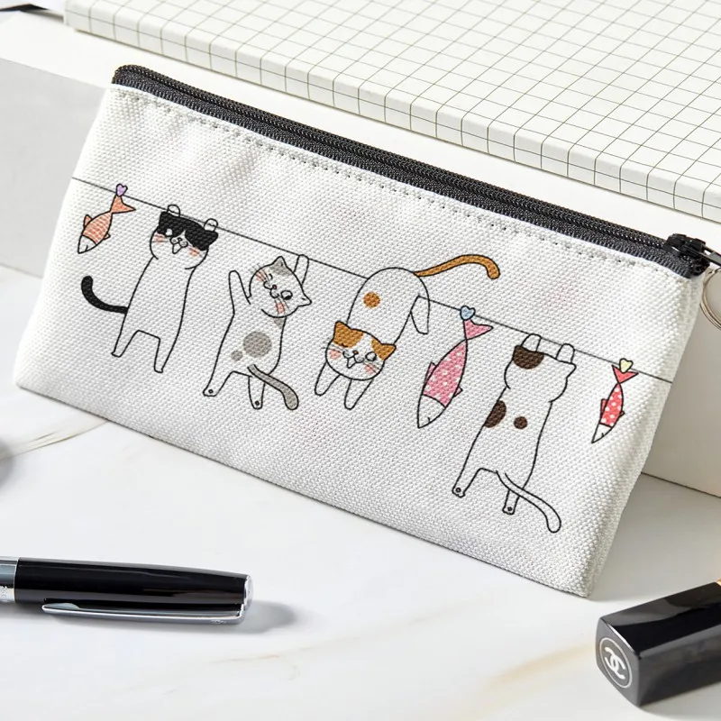 Porte-monnaie en toile avec fermeture éclair pour hommes et femmes, chat et chien, image de dessin animé, poudres de portefeuille pour filles, petit