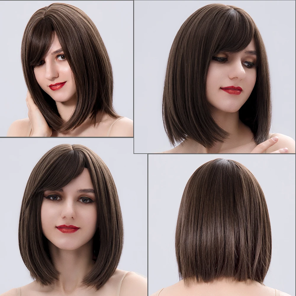 Short  Bob Wig Brown Straight Hair Synthetic Wigs With Bangs For White Women Nutural Cosplay Lolita Heat Resistant Perruque