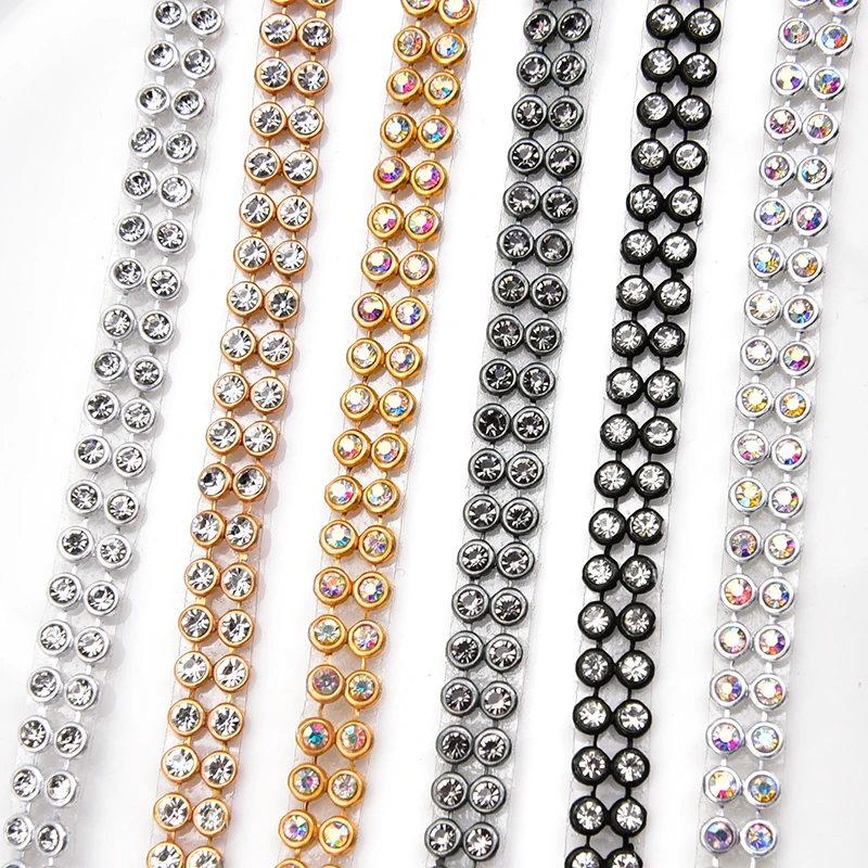 3mm 2 Rows 1.2 Meter Crystal AB Clear Stones Silver Hot Fix Rhinestone Mesh Trimming Aluminium Base Sew on Net Banding for Dress