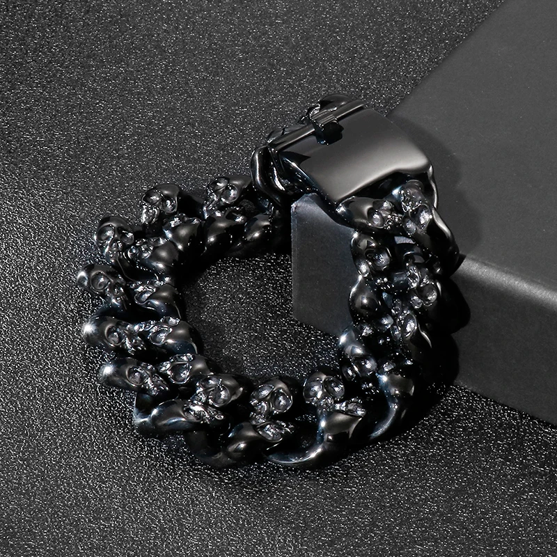 

Mens Stainless Steel Large Link Chain Motorcycle Biker Chain Bracelet with Skulls Polished Black 20mm 8.5 Inches