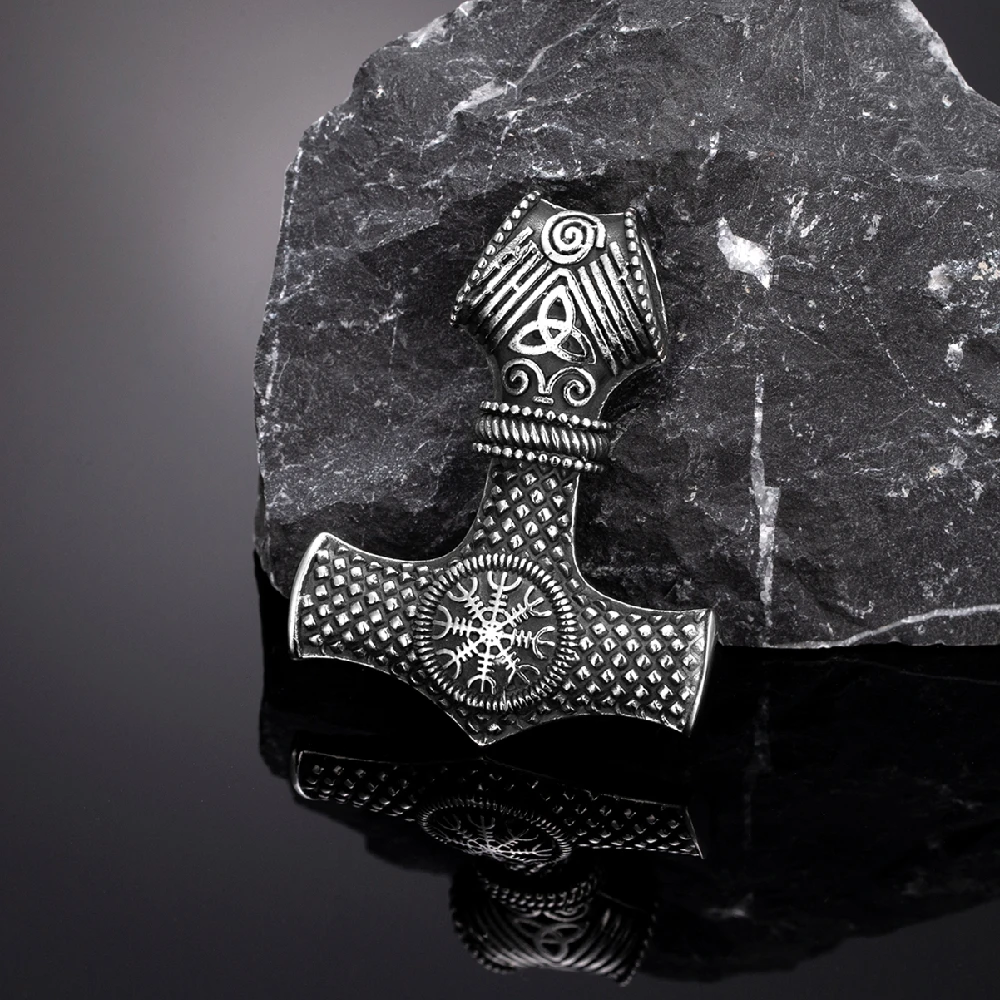 Herren-Halskette aus Edelstahl mit Wikinger-Thor-Hammer-Anhänger, doppelseitiger nordischer Anker-Amulett-Anhänger, skandinavischer Vintage-Schmuck. – Detail 18