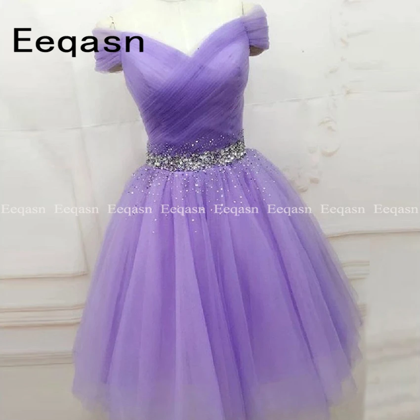 

Light Purple Cute Cocktail Dresses Semi Formal Occasion Dress Off the Shoulder Pleated Tulle Beaded Puffy Cheap Party 2024