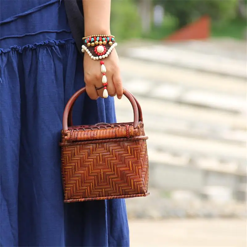 16x15CM Original Chinese Style Hand-made Old Bamboo Woven Bag Thailand Rattan Bag Retro Handbag Woven Pouch a6107