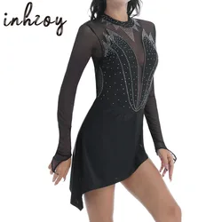 Womens Adults Rhinestone Mesh Long Sleeve Dance Dress Training Performance Figure Skating Artistic Dress Ballet Dance Leotard