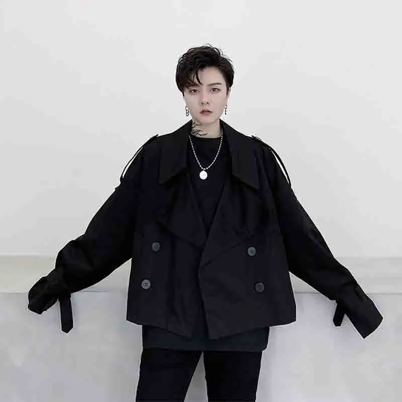 Autumn new Korean men's loose and lazy short jacket double breasted big Lapel coat fashion men's youth top