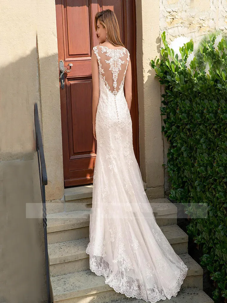 Elegancka suknia ślubna syrenka na 2021 koronkowe aplikacje Organza guziki sąd pociąg seksowna suknia ślubna Robe De Mariée Custom Made